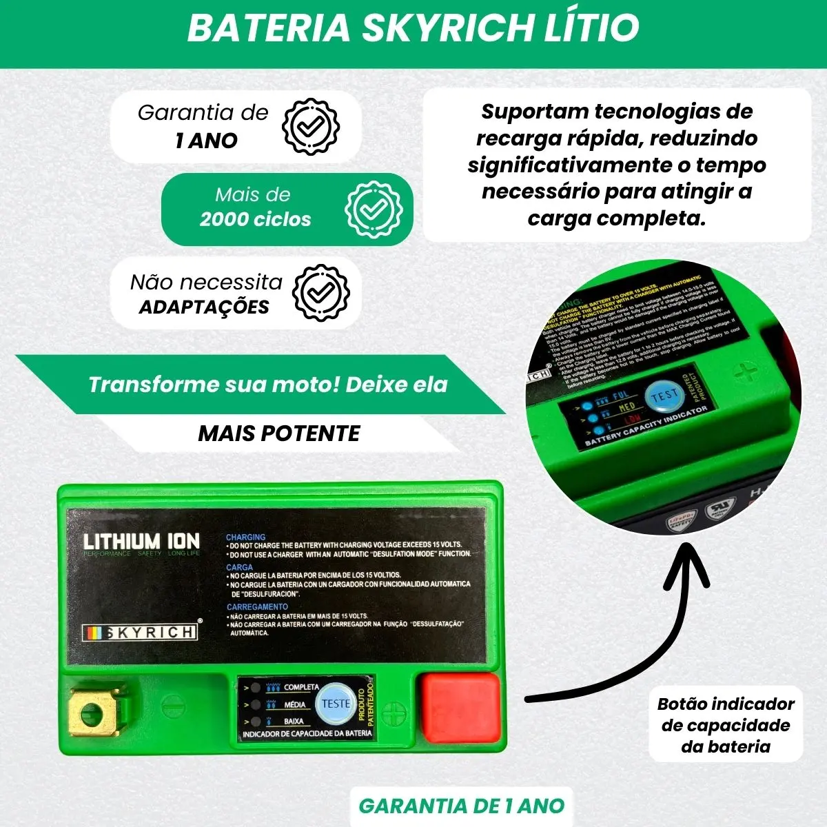Bateria Skyrich com indicador de capacidade